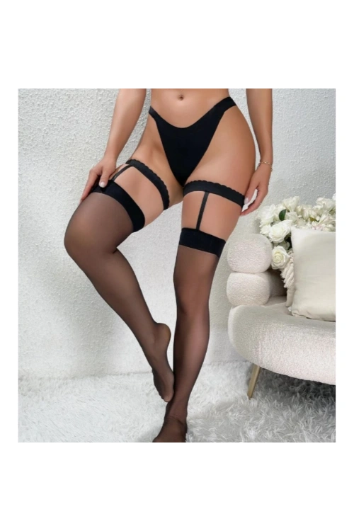 Kadın Siyah Dantel Bacak Bantlı String Jartiyer Çorap Takımı 0046