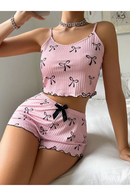 Kadın Siyah  Fiyonklu Şortlu Takım Mini Pembe Rahat
