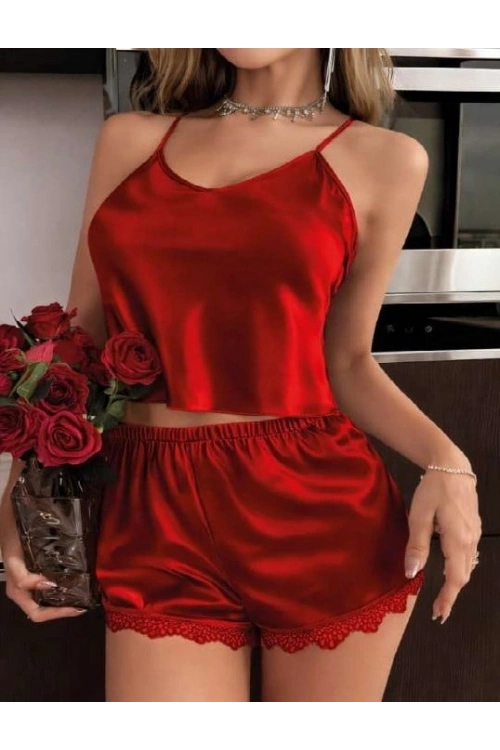 İnce Askılı İşlemeli Dantelli Saten Şortlu Takım - Kırmızı - KLBN31159