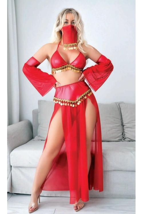Peçeli Seksi Dansöz Kostümü - Kırmızı - KLBN20505