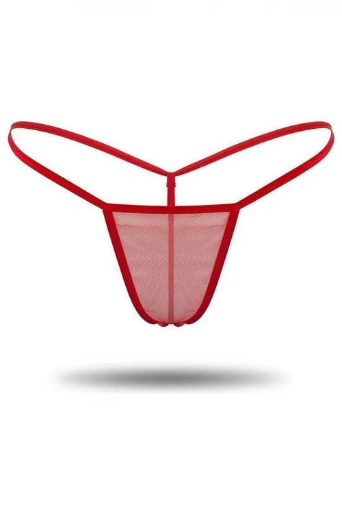 Tanga - Kırmızı Transparan Tül String - Kadın İç Giyim - KLBN00053