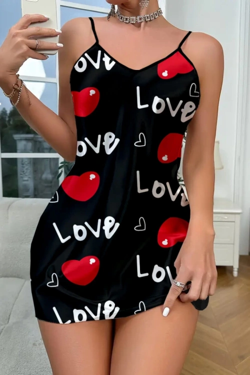 Love Desenli Siyah Saten Gecelik Modeli - Kadın - KLBN00336