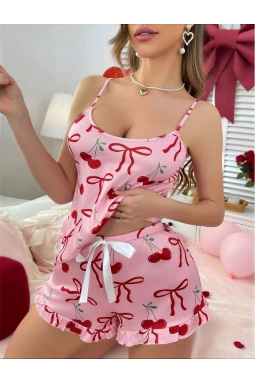 Üstüne Kiraz Desenli Askılı Şortlu Pijama Takımı - Pembe - KLBN31228