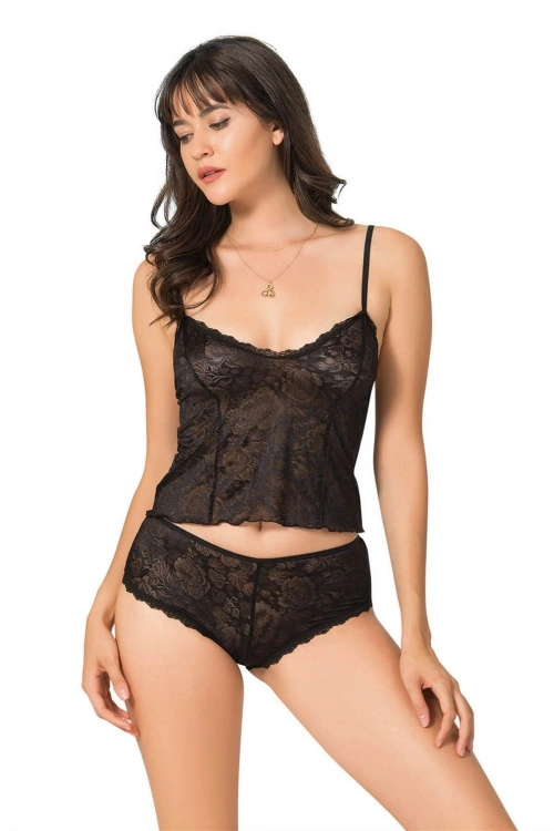 Jakarlı Babydoll Şortlu Set - Siyah - KLBN12800