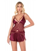 Saten Babydoll Şortlu Set - Bordo - KLBN14079