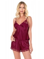 Saten Babydoll Şortlu Set - Bordo - KLBN14122