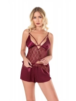 Saten Babydoll Şortlu Set - Bordo - KLBN14079