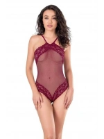 İşlemeli Dantelli File Tül Bodysuit - Bordo - KLBN22222