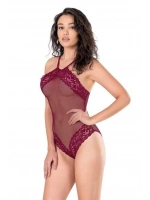 İşlemeli Dantelli File Tül Bodysuit - Bordo - KLBN22222