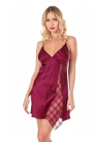 İşlemeli Dantelli İnce Askılı Kısa Saten Gecelik - Bordo - KLBN14196