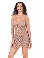 İşlemeli Dantelli Kısa Tül Gecelik - Vizon - KLBN14254
