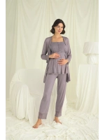 Dantelli Önü Düğmeli Hamile Lohusa 3lü Pijama Takımı - KLBN29238