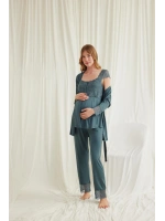Dantelli Önü Düğmeli Hamile Lohusa 3lü Viskon Pijama Takımı - KLBN29029