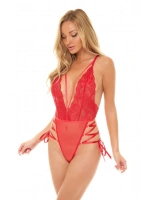 İp Detaylı Dantelli Transparan Fantazi Body - Kırmızı - KLBN31062