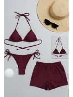 Kadın 3lü Set Bordo Şortlu ve Yandan Bağlamalı Bikini Mayo Takımı