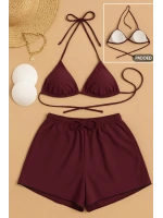 Kadın 3lü Set Bordo Şortlu ve Yandan Bağlamalı Bikini Mayo Takımı