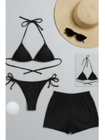 Kadın 3lü Set Siyah Şortlu ve Yandan Bağlamalı Bikini Mayo Takımı