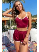 Kadın Bordo Askılı Crop Top ve Şortlu Gecelik Takım