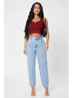 Kadın Bordo Kare Yaka Crop Top Bluz