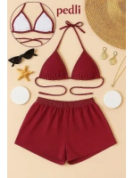 Kadın Bordo Şortlu Belden ve Boyundan Bağlamalı Bikini Takımı