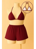 Kadın Bordo Şortlu Belden ve Boyundan Bağlamalı Bikini Takımı