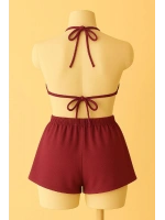 Kadın Bordo Şortlu Belden ve Boyundan Bağlamalı Bikini Takımı