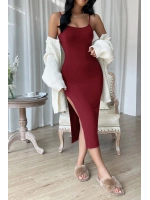 Kadın Bordo Yırtmaçlı Diz Altı Vücüdu Saran Gecelik