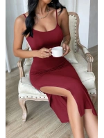 Kadın Bordo Yırtmaçlı Diz Altı Vücüdu Saran Gecelik
