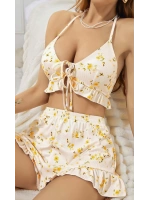 Kadın Çiçekli Ekru Askılı Şortlu Pijama Takım 5017