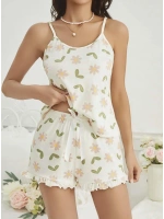 Kadın Ekru Çiçek Baskılı Şortlu Gecelik Pijama Takımı 5047