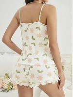 Kadın Ekru Çiçek Baskılı Şortlu Gecelik Pijama Takımı 5047