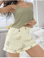 Kadın Ekru Çiçek Baskılı Şortlu Gecelik Pijama Takımı 5099