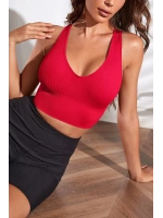 Kadın Kırmızı Derin Göğüs Dekolteli Şık Crop Top Bluz