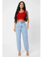 Kadın Kırmızı Kare Yaka Crop Top Bluz