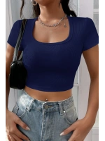 Kadın Lacivert Yarım Kol Düz Yaka Crop Top Bluz