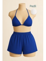Kadın Mavi Şortlu Belden ve Boyundan Bağlamalı Bikini Takımı