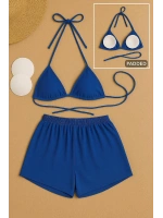 Kadın Mavi Şortlu Belden ve Boyundan Bağlamalı Bikini Takımı