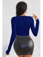 Kadın Mavi Uzun Kol Kare Yaka Crop Top Bluz
