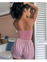 Kadın pembe çizgili desen Askılı Şortlu Pijama Takım 5002