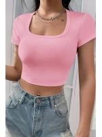 Kadın Pembe Yarım Kol Düz Yaka Crop Top Bluz