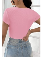 Kadın Pembe Yarım Kol Düz Yaka Crop Top Bluz