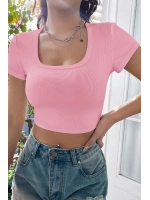 Kadın Pembe Yarım Kol Düz Yaka Crop Top Bluz