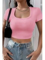 Kadın Pembe Yarım Kol Düz Yaka Crop Top Bluz