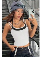 Kadın Siyah Beyaz Çift Renk Çapraz Askılı Crop Top Bluz