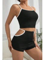 Kadın Siyah Beyaz Şortlu Cut-Out Detaylı Gecelik Takımı