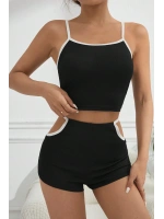 Kadın Siyah Beyaz Şortlu Cut-Out Detaylı Gecelik Takımı