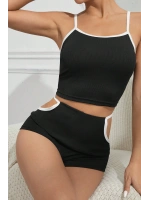Kadın Siyah Beyaz Şortlu Cut-Out Detaylı Gecelik Takımı