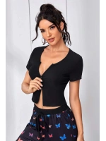 Kadın Siyah Çift Fermuarlı Yarım Kol Crop Top Bluz