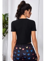 Kadın Siyah Çift Fermuarlı Yarım Kol Crop Top Bluz