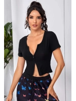 Kadın Siyah Çift Fermuarlı Yarım Kol Crop Top Bluz